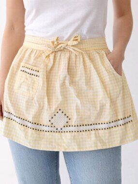 Vintage Half Apron Yellow White Gingham Check Pocket Country Prairie Cottagecore
